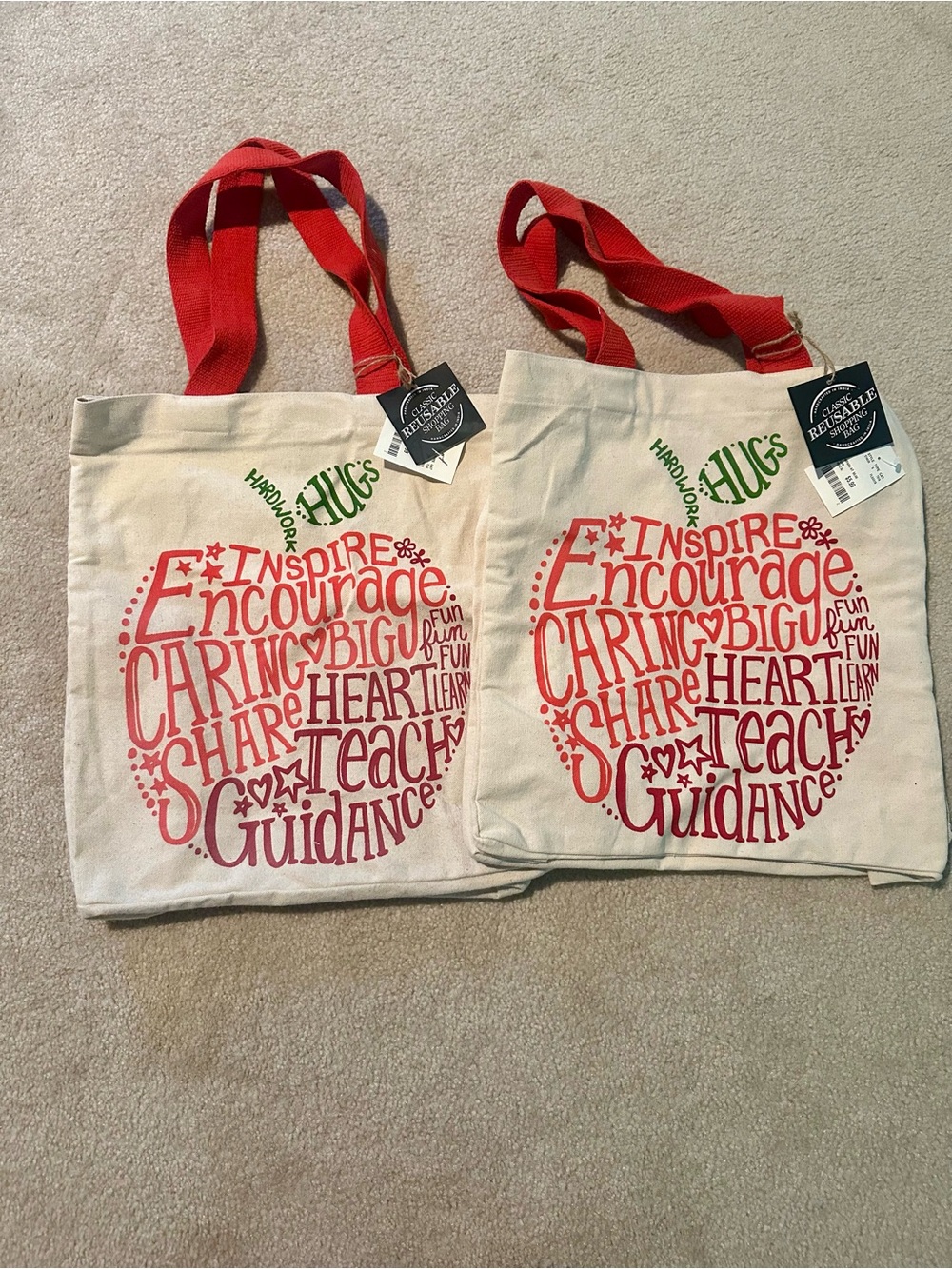 Canvas Tote Bags (set of 2) with Red Apple Word-Art and Red Straps